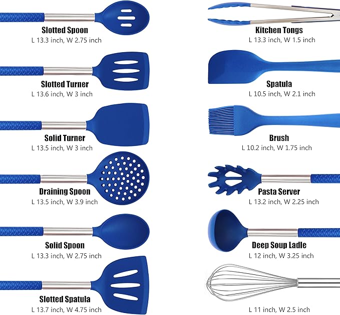 Silicone Kitchen Utensils Set - 28 Pieces Cooking Utensils Set Non-Stick Heat Resistance Silicon with Stainless Steel Handle - Blue