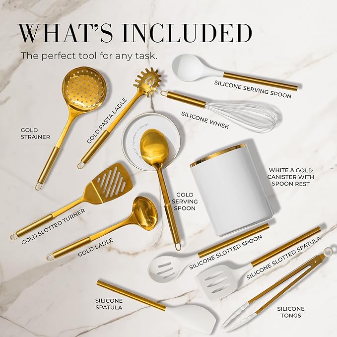 STYLED SETTINGS White and Gold Cooking Utensils Set – 13-Piece Set Includes Gold Kitchen Utensils, Ceramic Utensil Holder and Built-In Spoon Rest – Luxury Kitchen Accessories