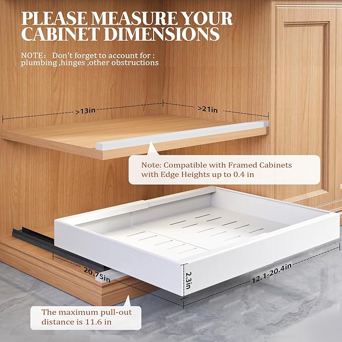 6 Pack Expandable Pull Out Cabinet Organizer 21"Deep With Raising Pad for Framed Cabinets,Upgrade 3 Slide Rails Slide Out Drawers,No Drill Roll Out Shelves,Adjustable Width 12.1"-20.4" White