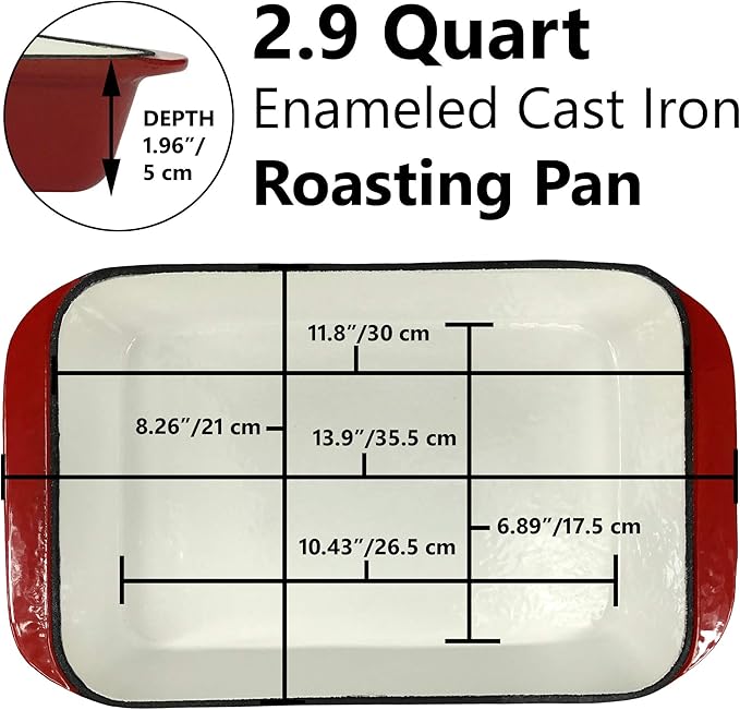 2.9 Qt Enameled Cast Iron Rectangular Roaster, Casserole Dish, Lasagna Pan, Deep Roasting Pan, for Cooking and Baking - Red