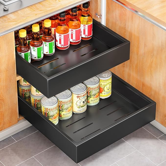 Pull out Cabinet Organizer, 21"Deep, Heavy Duty Full-Extension Slide out Drawers for Kitchen Cabinets with Nano Adhesive, Roll Out Shelf Sliding Cabinet for Pots, Bathroom, Pantry, Under Sink, Black