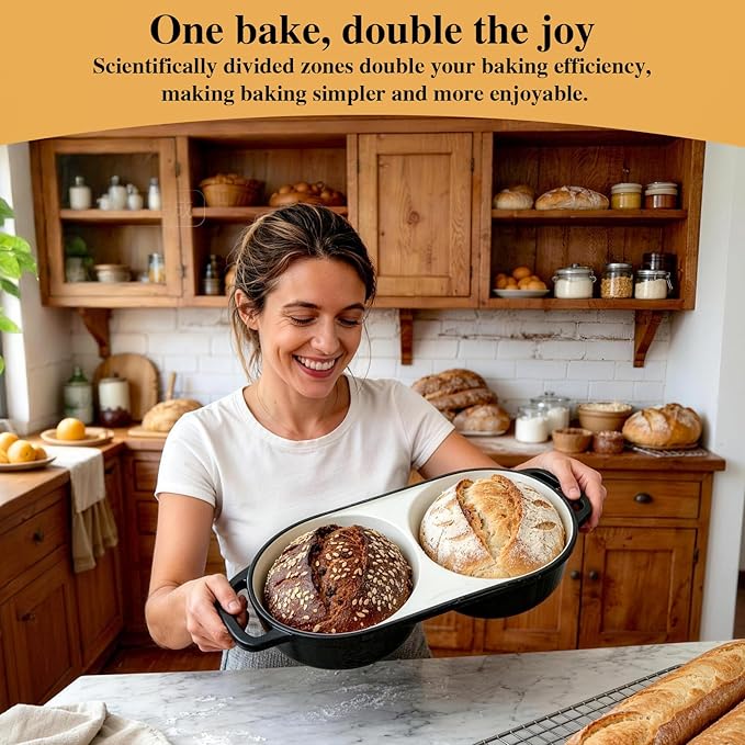 Double Dutch Oven for Sourdough Bread Baking, Enamelled Cast Iron Bread Loaf Pot with Lid, Double Round Loaf Space, 16.5cm Diameter, Mini Double Dutch Oven for Homemade Baking