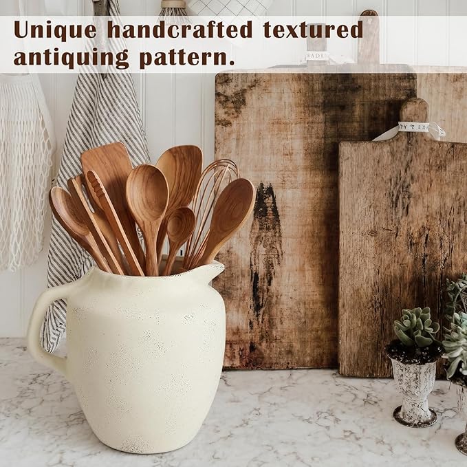 Rustic Kitchen Utensil Holder with Handle,7 Inch Ceramic Vintage Utensil Crock for Countertop, Farmhouse Kitchen Decoration Ceramic Pot for Spatulas Spoons Tongs(Novelty,Antique Cream)