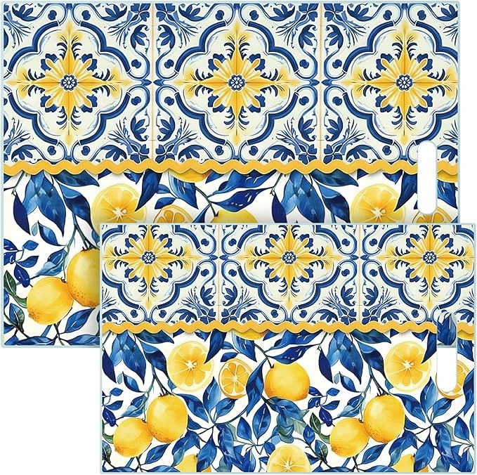 2 Pack Glass Cutting Board for Kitchen, Lemon Tempered Glass Cutting Board with Handles Set Gifts Charcuterie Cheese Snack Boards Decorative, 16 x 12 Inches and 12 x 8 Inches(Blue Lemon)
