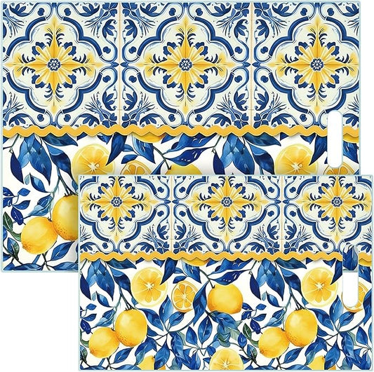 2 Pack Glass Cutting Board for Kitchen, Lemon Tempered Glass Cutting Board with Handles Set Gifts Charcuterie Cheese Snack Boards Decorative, 16 x 12 Inches and 12 x 8 Inches(Blue Lemon)