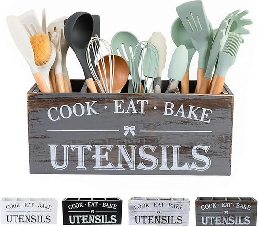 Utensil Holder,Extra Large Wooden Utensil Holder For Kitchen Counter,Cooking Spatula Organizer,Big Storage Caddy With 4 Compartments Flatware Spoon Tool Cutlery（Light Grey）