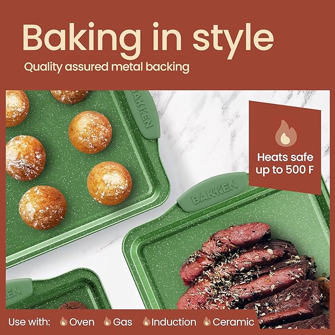 BAKKEN Kitchen Baking Pan Set - Nonstick Green Marble Coating, Carbon Steel Bakeware Sets with Green Silicone Handles, Kitchen Essentials, PFOA, PFOS, PTFE Free, Oven Safe (Up To 450° F), Set of 8
