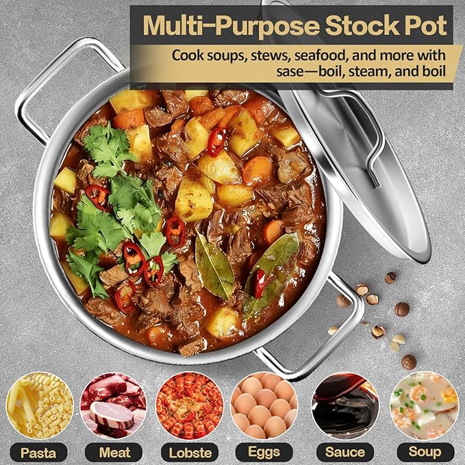 Large Stock Pot-35QT Stainless Steel Stockpot with Lid, Heavy Duty Tri-Ply Bottom Commercial Grade Stock Pot & Stockpots for Boiling Cooking Soup Stew Canning Cooking Pots, Big Stockpot, Deep Cookware