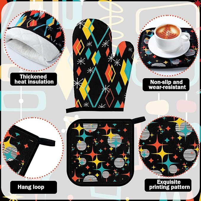 12 Pcs Retro Kitchen Decor Mid Century Oven Mitts and Pot Holders Set Mid Century Kitchen Dish Towels Vintage Abstract Geometric Potholders Rugs Mats for Black White Baking Cooking BBQ Gift