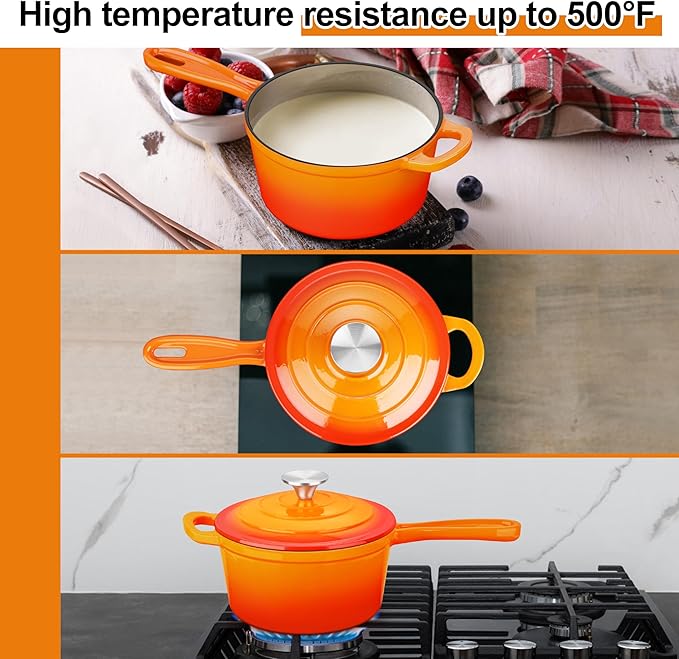 Enameled Cast Iron Sauce Pan with Lid, Leonyo 2 Quart Saucepan with Lid, Small Enamel Cast Iron Dutch Oven Kitchen Cookware for All Cooktops Making Pasta Sauce, Soup, Milk - Up to 500°F & Orange
