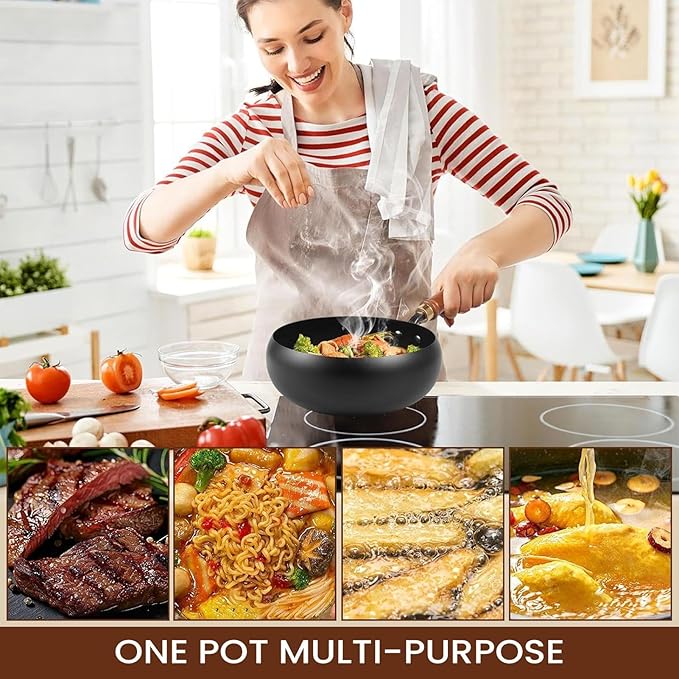 Hand-Forged Cast Iron W ok Pan, Big Belly Pot with Wood Lid, Cast Iron Frying Pan No Chem-ical Coated, Traditional Japanese Cookware for Induction, Ideal for All Hobs