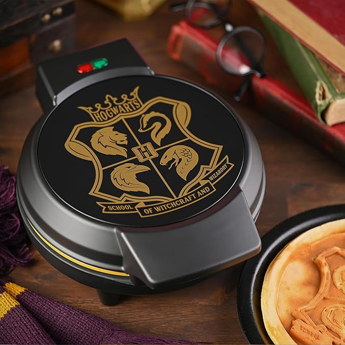 Warner Brothers Harry Potter Round Waffle Maker by Select Brands - Ceramic Coated Cooking Plates - Imprints Hogwarts Crest on Waffles, Black and Gold, WBH-250WM