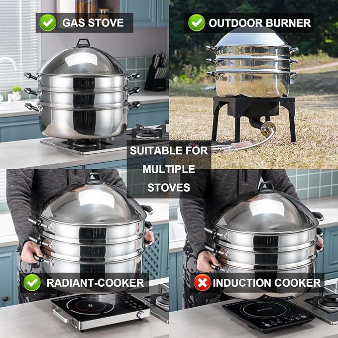 LetFeng Steamer Pot for Cooking 19 inch Steam Pots with Lid 3-Tier Multipurpose Stainless Steel Steaming Pot Cookware with Handle for Vegetable, Dumpling, Stock, Sauce, Food