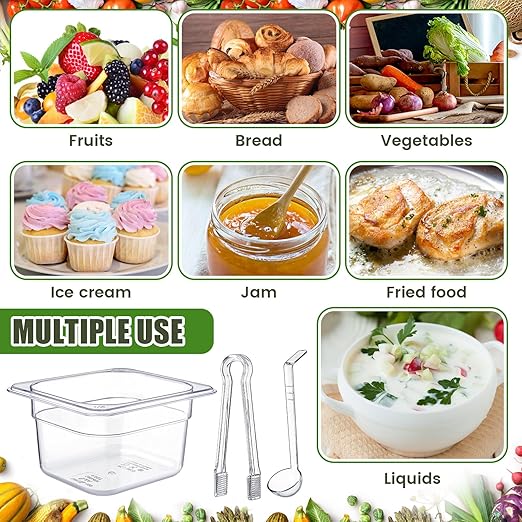 Rtteri 22 Pcs 1/6 Size Clear Plastic Pans Set: 16 Food Prep Containers & 2 Tongs & 4 Spoons for Salad Bar Buffet Restaurant Hotel Commercial Home for Fruit Vegetable Sauce Bean Corn Deli(4 Inch Deep)