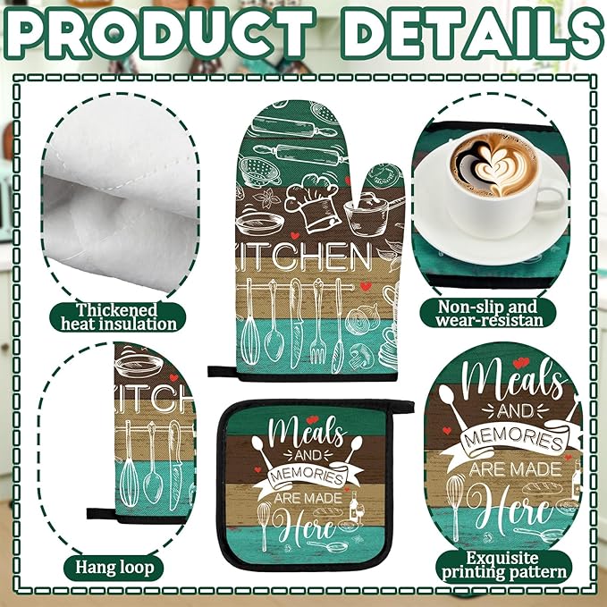 10 Pcs Farmhouse Kitchen Decor Teal Oven Mitts and Pot Holders Sets Vintage Kitchen Dish Towels Rustic Pattern Oven Gloves for Home Decorations Baking Cooking Birthday Valentines Gifts