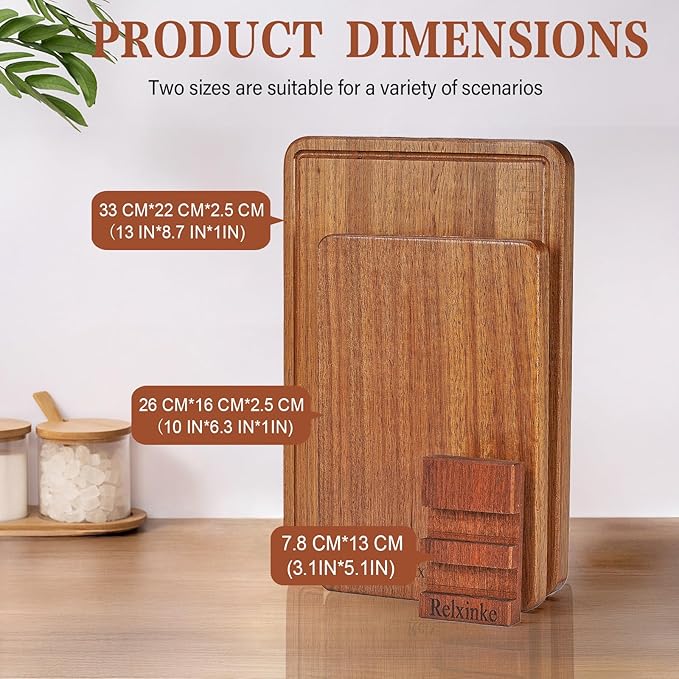 Solid Teak Wood Cutting Board Set One Piece Non Glued Large Thick Crack Resistant Wooden Chopping Board with DeepJuice Grooves Built in Handles for Kitchen Meat Vegetable 13x8.7IN&10.2X6.3IN