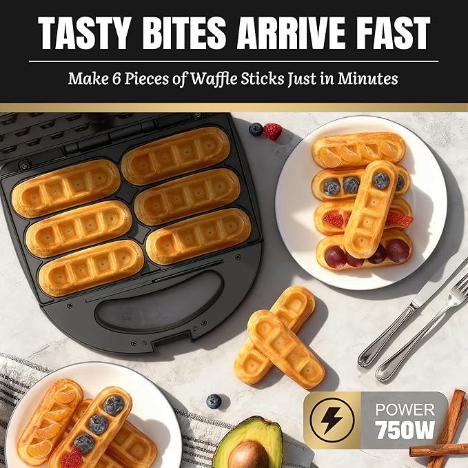 Waffle Stick Maker, Mini Waffle Maker Iron, Makes 6 Waffle Sticks, Ideal for Breakfast, Snacks, Desserts and More