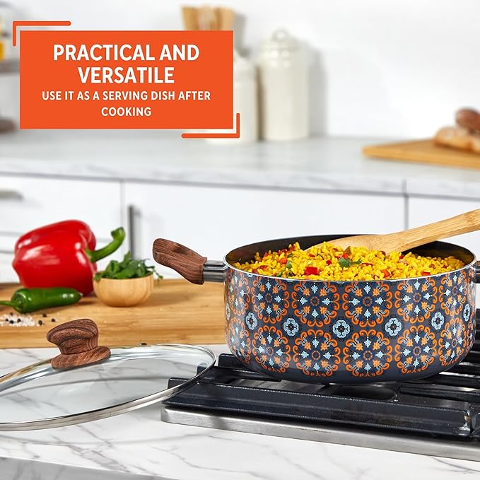 IMUSA 4.8qt Talavera Aluminum Black Ceramic Dutch Oven with Glass Lid & Wood Look Handles