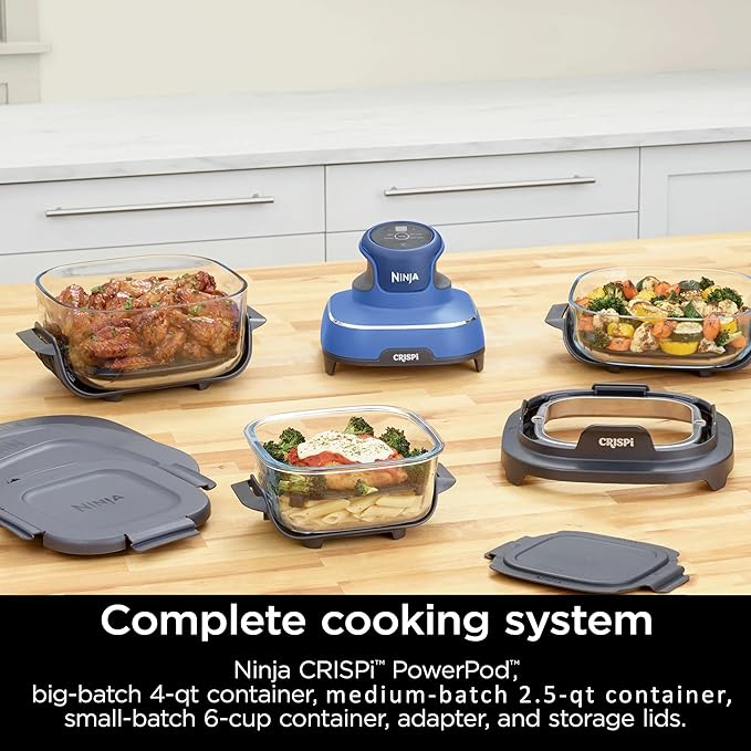 Ninja Crispi 5-in-1 Portable Glass Air Fryer Cooking System, 1500W, 6-Cup, 4-Quart & 2.5-Quart TempWare Containers With Lids, Microwave, Freezer & Dishwasher Safe, Blue, FN103CO (Renewed)
