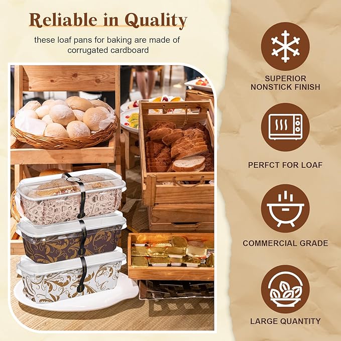 60 Pcs 6.3 x 2.1 x 2.1 Inches Paper Loaf Pan Disposable Paper Baking Pan with Lids for Cake Bread Oven Loaf Bakery Holiday Wedding Halloween Christmas Thanksgiving Gifts