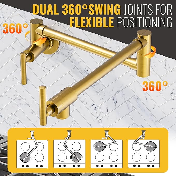 WOWOW Pot Filler Faucet Brushed Gold, Solid Brass Pot Filler Wall Mount Kitchen Stove Faucet with Double Joint Swing Arms