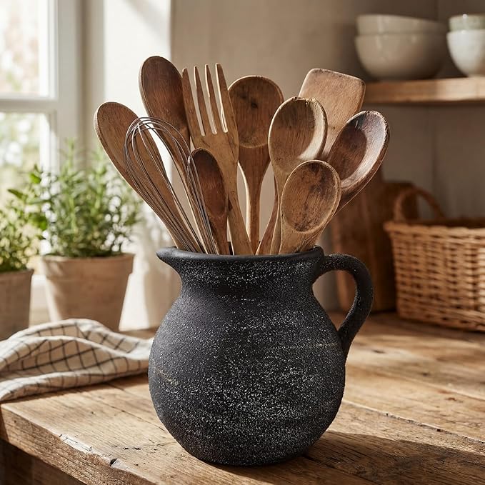 Rustic Kitchen Utensil Holder with Handle,7 Inch Ceramic Vintage Utensil Crock for Countertop, Farmhouse Kitchen Decoration Ceramic Pot for Spatulas Spoons Tongs(Classic,Antique Black Gold)