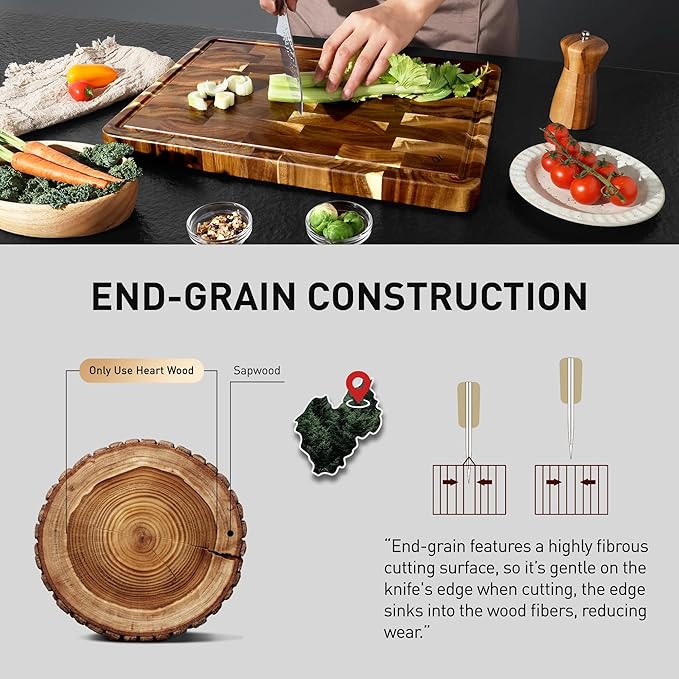 End Grain Cutting Board for Kitchen with Non-slip Feet, Acacia Wood Heavy Duty Checkered Cutting Board Handcrafted Luxury Chopping Board for Cooking and Serving Wooden Butcher Block Non Toxic