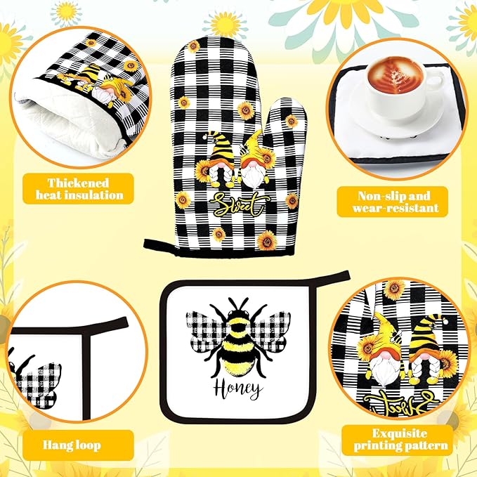 10 Pcs Bee Kitchen Decor Sunflower Oven Mitts and Pot Holders Set Yellow Bee Dish Towels Rugs Mats Buffalo Plaid Kitchen Accessories for Chef Baking Cooking Grilling BBQ Women Home Gift