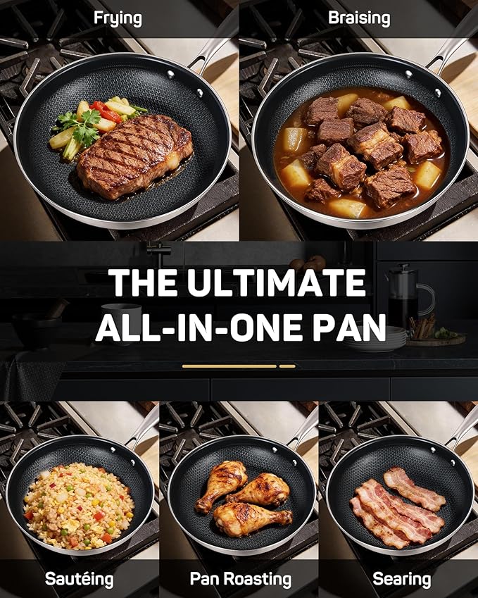 Stainless Steel Nonstick Frying Pan, Hybrid Ceramic 10-Inch Frying Pan, Stay-Cool Handle, PFAS & PFOA PTFE Free, Dishwasher & Oven Safe, Scratch-Resistant, Compatible with Induction & All Cooktops