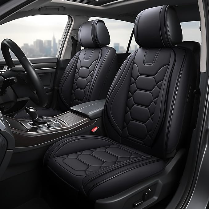 OASIS AUTO Car Seat Covers Full Set, Sporty Faux Leather with Honeycomb Pattern, Waterproof Universal Fit for SUV, Sedan, Pick-up Truck, Automotive Interior Accessories (OS-004 Black)