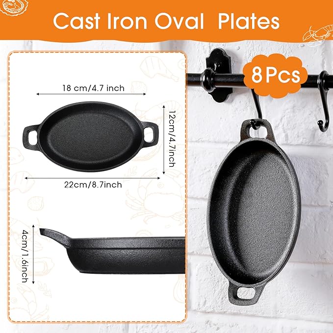 Mifoci 8 Pack Mini Cast Iron Fajita Skillet, 7.1" x 4.7" Oval Sizzling Steak Plate Pan Small Ramekin Set Black Casserole Dish for Stove Oven Grill Restaurant Kitchen Indoor Outdoor Picnic