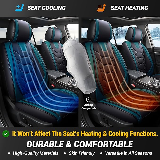 OASIS AUTO Car Seat Covers Front Seats, Sporty Honeycomb Waterproof Faux Leather Protectors, Universal Fit for SUV, Sedan, Truck Interior Accessories (OS-004 Black&Teal)