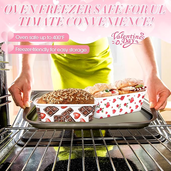 Honeydak 100 Sets Mini Loaf Baking Pans Bulk Paper Loaf Pans for Baking 6.3 x 2.2 x 2.2 in Romantic Disposable Serving Tray Heart Rose Chocolate Pattern Party Supplies (Valentine)