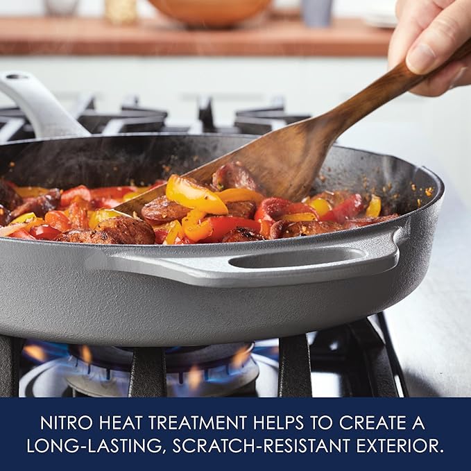 Rachael Ray NITRO Cast Iron Frying Pan/Skillet with Helper Handle and Pour Spouts, 12 Inch, Gray