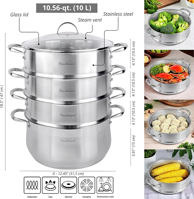 3-Tier Stainless Steel Steamer Pot with Lid Dumpling Steamer Pot for Cooking (3-tiered), Multi-Layer Cookware Pot, Food Vegetable Cooking Pan with Stackable Pan Insert for Vegetable, Dumpling, Meat, Dishwasher safe, Induction Safe (Silver, 10.56-qt. (1...