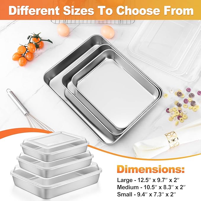 Herogo Cake Pan with Lid, 9 X 12 Inch Rectangle Stainless Steel Lasagna Baking Set of 1 Pan with 1 Lid Deep, for Brownies Casseroles Cakes, Dishwasher Safe