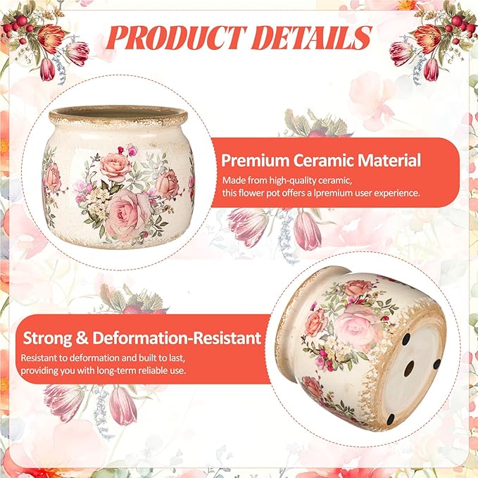 7.7" Large Ceramic Plant Pot Beige Pink Vintage Rose Crackle Glaze Rustic Flowers Pot Decorative Planter with Drainage for Indoor Outdoor Plants Home Kitchen Office Decor Gift