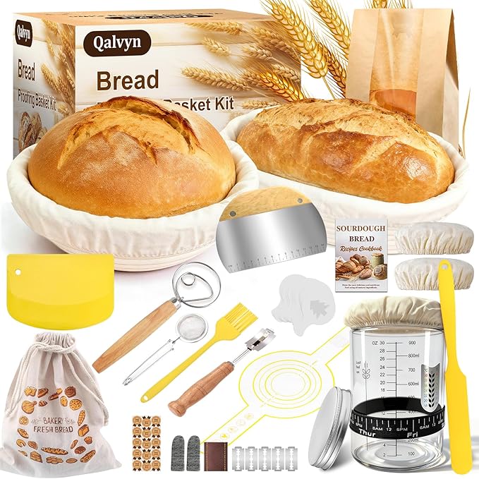 Sourdough Starter Kit,Sourdough Bread Baking Supplies, 9" Round and 10" Oval Banneton Bread Proofing Basket Set with Glass Sourdough Starter Jar, Sourdough Bread Making Tools Kit Gifts for Women Mom