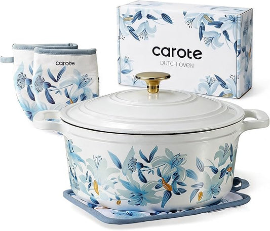 CAROTE 5 QT Cast Iron Dutch Oven Pot with Lid, Enameled Floral Dutch Ovens with Cotton Potholders & Oven Gloves, Gift Box, Cast Iron Pot for Sourdough Bread Baking, Braising, Stews, Roasting, Dual Handles, All Stovetop Compatible, Oven Safe up to 500° ...