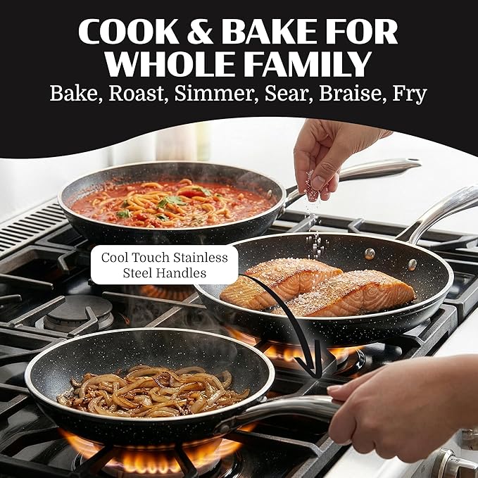 Granitestone Ceramic Nonstick Frying Pan Set 3pc 8/10/12 inch, Non Toxic Skillet Set, Induction Compatible, PFOA Free, Oven & Dishwasher Safe - Black