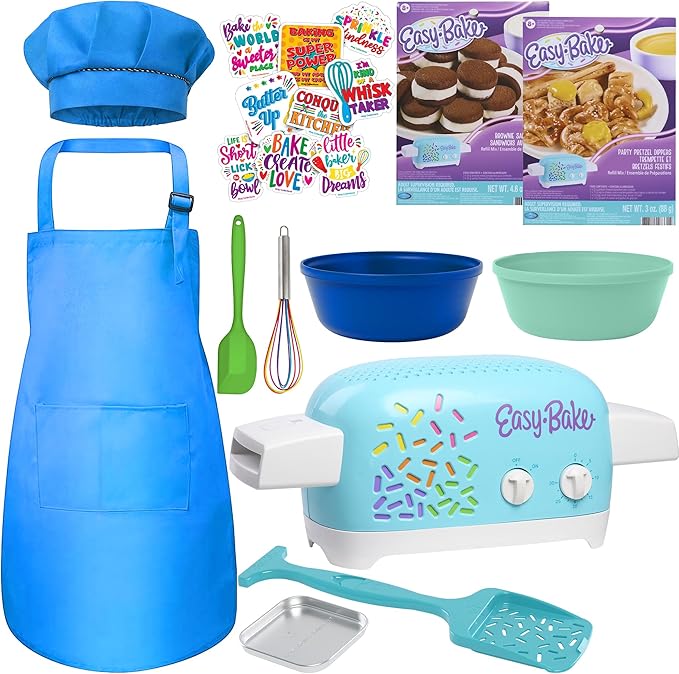 Ultimate Easy Baking Oven Bundle For Kids With 20 Items - Oven, 2 Refill Mixes, Apron, Hat, 2 Bowls, Spatula, Whisk, 9 Stickers, Baking Pan & Tool (Brave Blue Bundle)