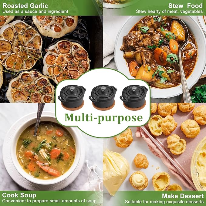 3 Pcs Mini Cast Iron Dutch Oven Set – 8 oz Garlic Roaster Cocotte Pots with Lids, Handles and Cork Pan Mats Small Cast Iron Pots for Baking, Roasting, BBQ Grill, Stovetop and Oven Use