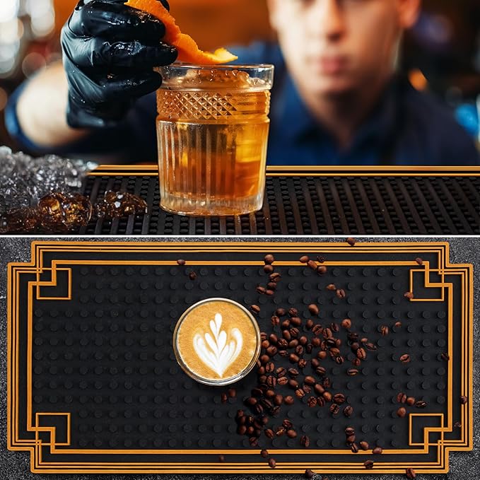 4 Pcs Bar Mat 24 x 4 Inch and 18 x 12 Inch Non Slip Rubber Mat with Gold Border Durable Stylish Spill Cocktail Service Coffee Mats for Restaurants Barbershop Clippers Bartending, Black