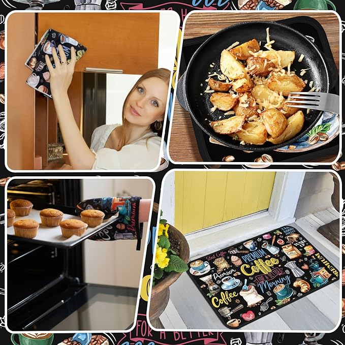 10 Pcs Coffee Kitchen Decor Set Coffee Kitchen Dish Towels Oven Mitts and Pot Holders Farmhouse Rugs Mats Vintage Black Potholders for Chef Baking Cooking Grilling BBQ Women Accessories Gift