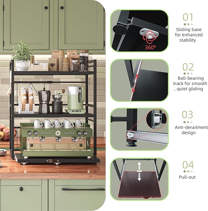 NETEL Expandable Microwave Stand,3 Tier Metal Kitchen Countertop Organizer Shelves with 8 Hooks,Bakers Rack,Pull-Out Microwave Shelf,110lbs Weight Capacity,Black