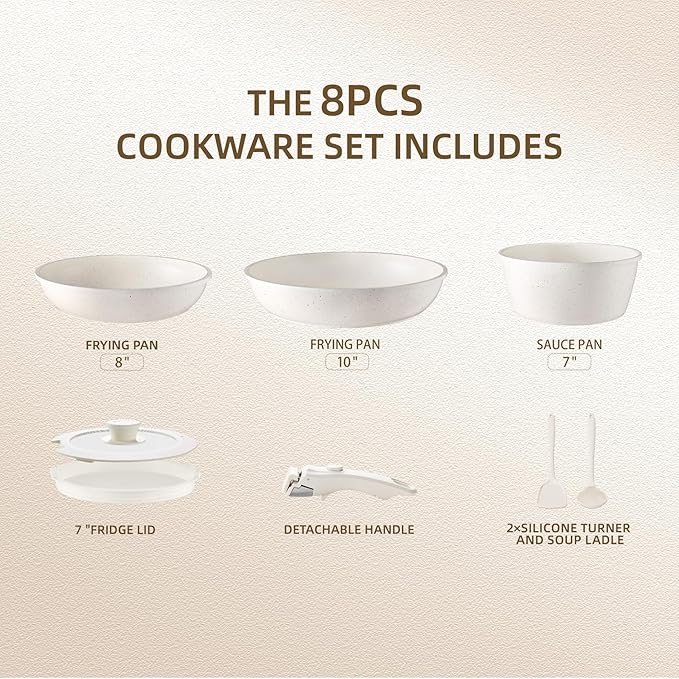 8PCS Ceramic Cookware,Nonstick Ceramic Pan, Removable Handle Pots and Pans Set, Stackable Pan Set, Nonstick Pots and Pans Set Non Stick pot for Home,RV