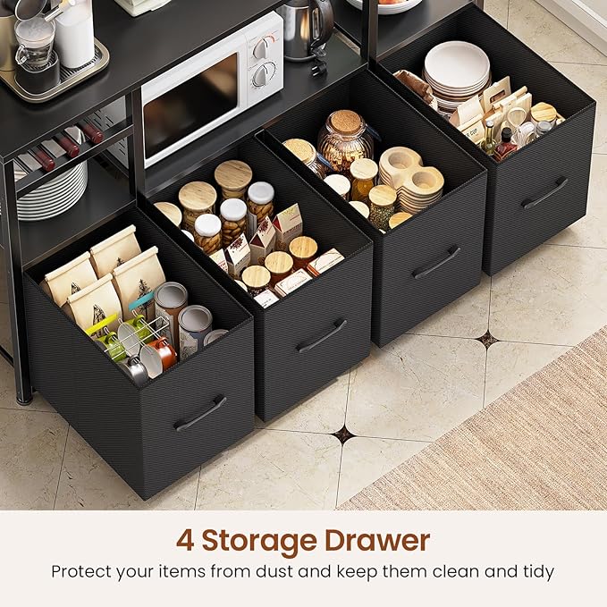 Itaar Bakers Rack with Power Outlet and LED Light, 47.2'' Microwave Stand with Storage, Kitchen Coffee Bar Cabinet with Glass Door, 4 Drawer, Wine Rack, Goblet Holder and 12 Hooks, Black