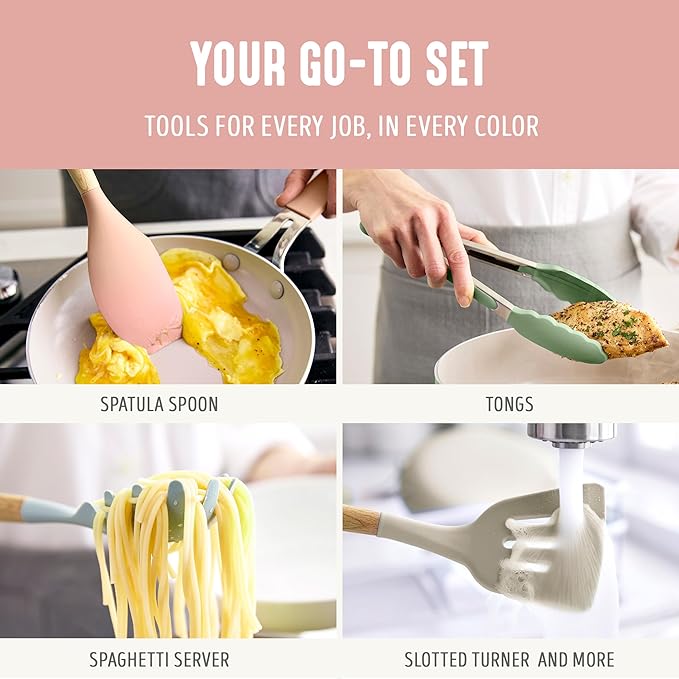 GreenLife 11 Piece Silicone Utensil Crock Set, Nonstick Kitchen Tools, Ladle, Turner, Slotted Turner, Spatula, Spoon, Spaghetti Server, Brush, Whisk, Tongs, Crock, Dusty Pink