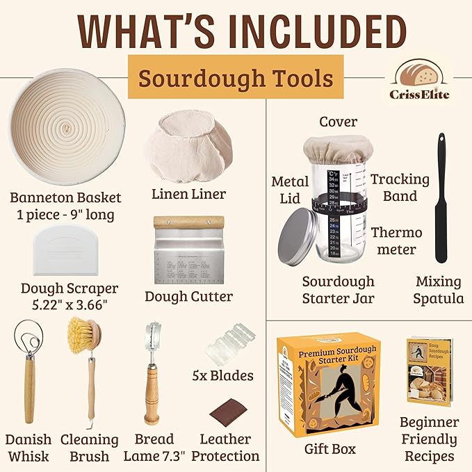 Sourdough Starter Kit for Beginners – Banneton Bread Proofing Basket Round 9” with 24oz Glass Sourdough Starter Jar & Sourdough Bread Baking Supplies