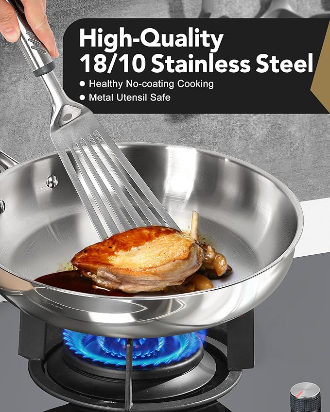 MICHELANGELO Stainless Steel Frying Pan Set with Lid, 8" 10" Cooking Pan set with Triply Base, Stainless Steel Skillet with Ergonomic Handle, Induction Compatible